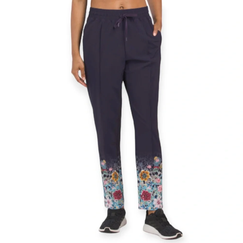 JOHNNY WAS Joy Vanda Track Pants Navy Multi Color Floral Hem Drawstring Jogger